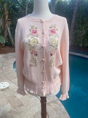 Vintage Pink Embroidered Button-Up Sweater Cardigan